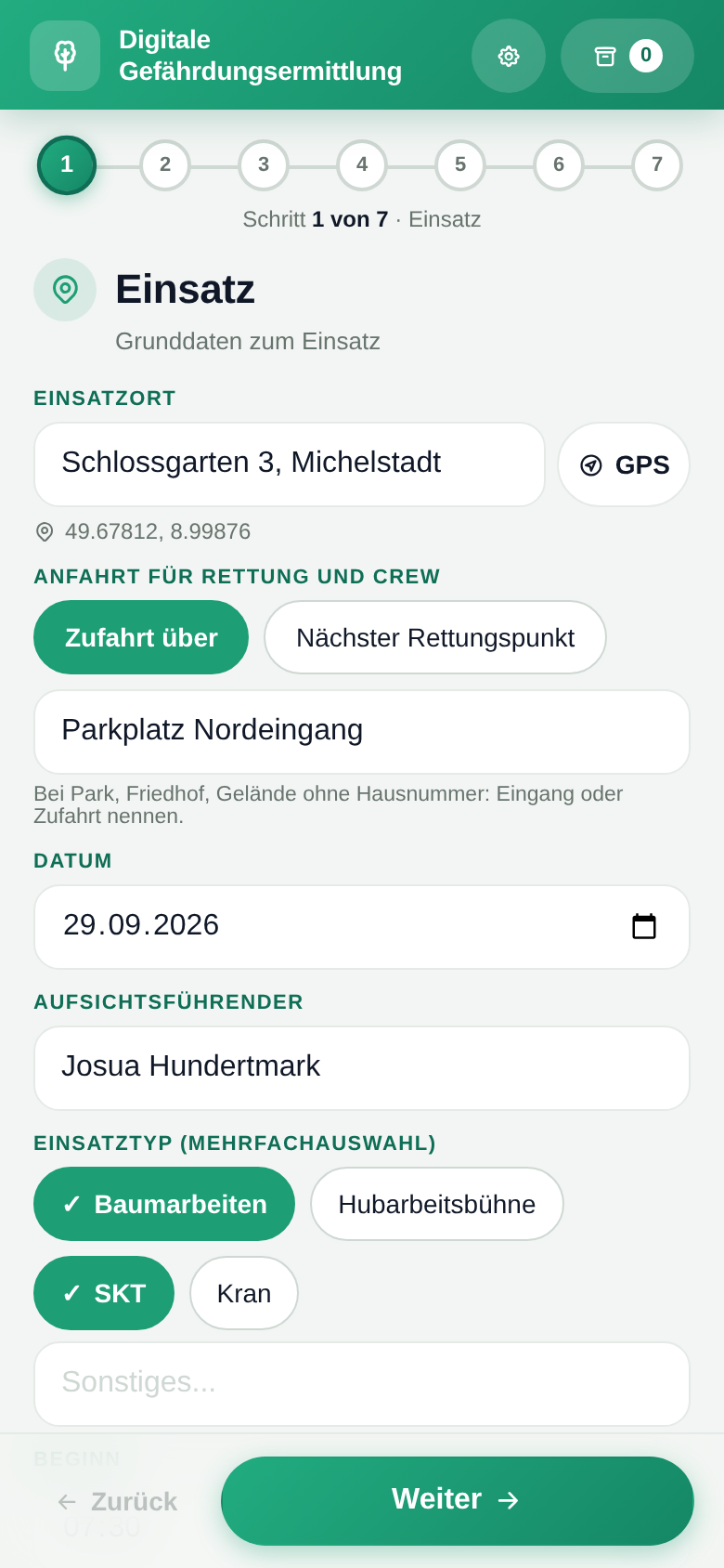 GBU App: Schritt Einsatz mit GPS-Koordinaten