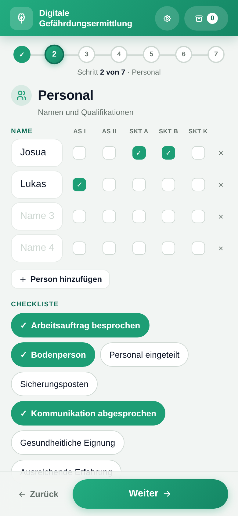 GBU App: Schritt Personal mit Qualifikationen